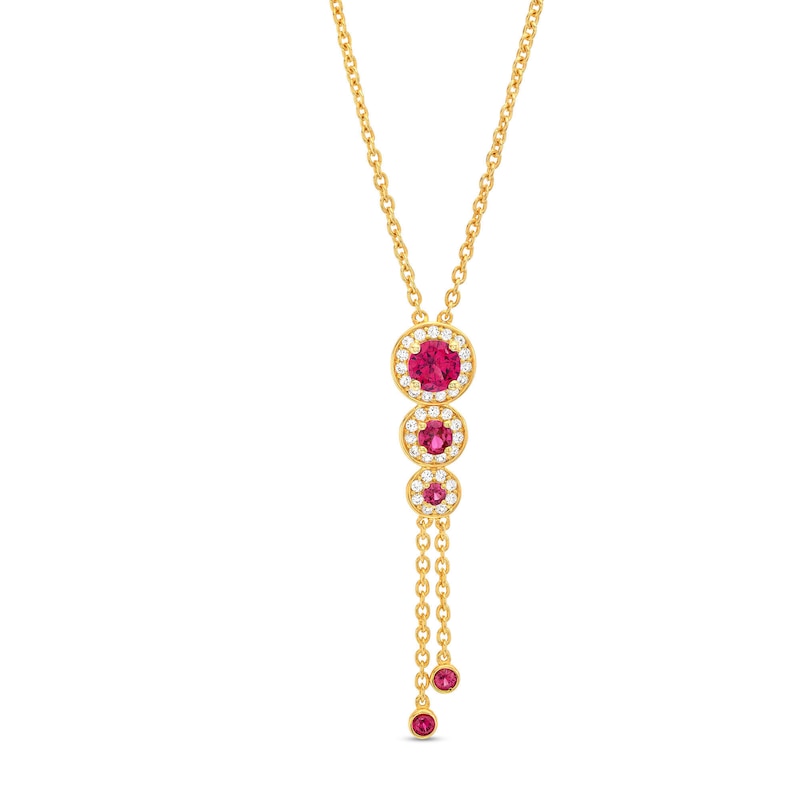 Main Image 1 of Lab-Created Ruby and White Lab-Created Sapphire Frame Graduated Trio Pendant in Sterling Silver with 14K Gold Plate