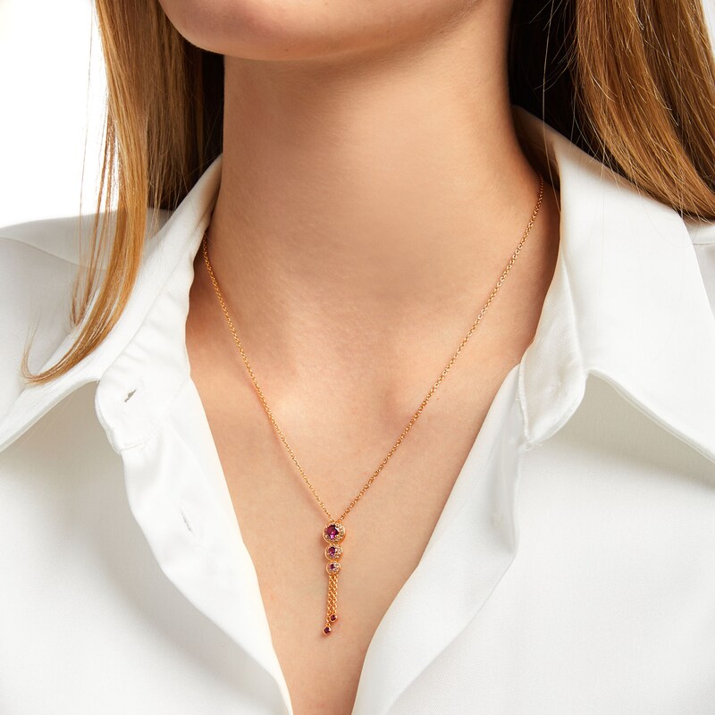 Main Image 2 of Lab-Created Ruby and White Lab-Created Sapphire Frame Graduated Trio Pendant in Sterling Silver with 14K Gold Plate