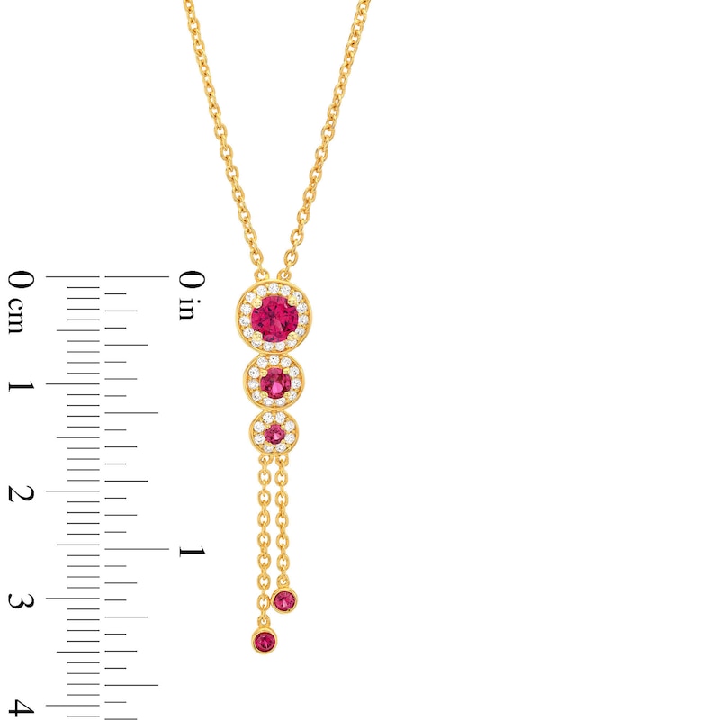 Main Image 4 of Lab-Created Ruby and White Lab-Created Sapphire Frame Graduated Trio Pendant in Sterling Silver with 14K Gold Plate