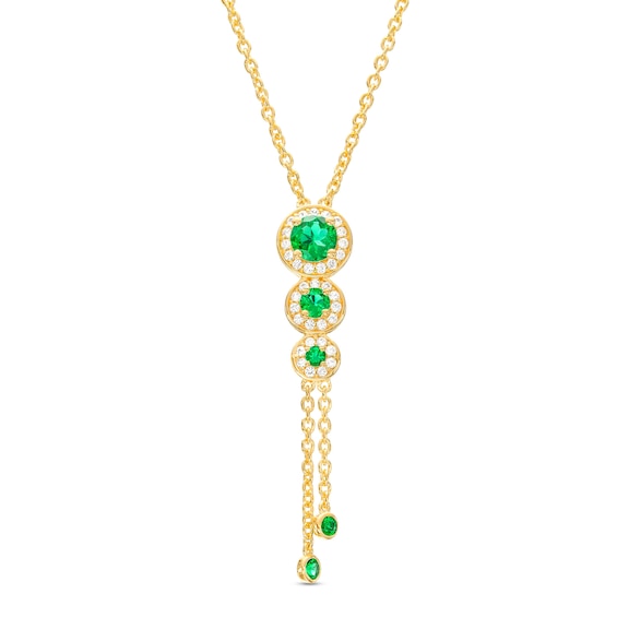 Lab-Created Emerald and White Lab-Created Sapphire Frame Graduated Trio Pendant in Sterling Silver with 14K Gold Plate
