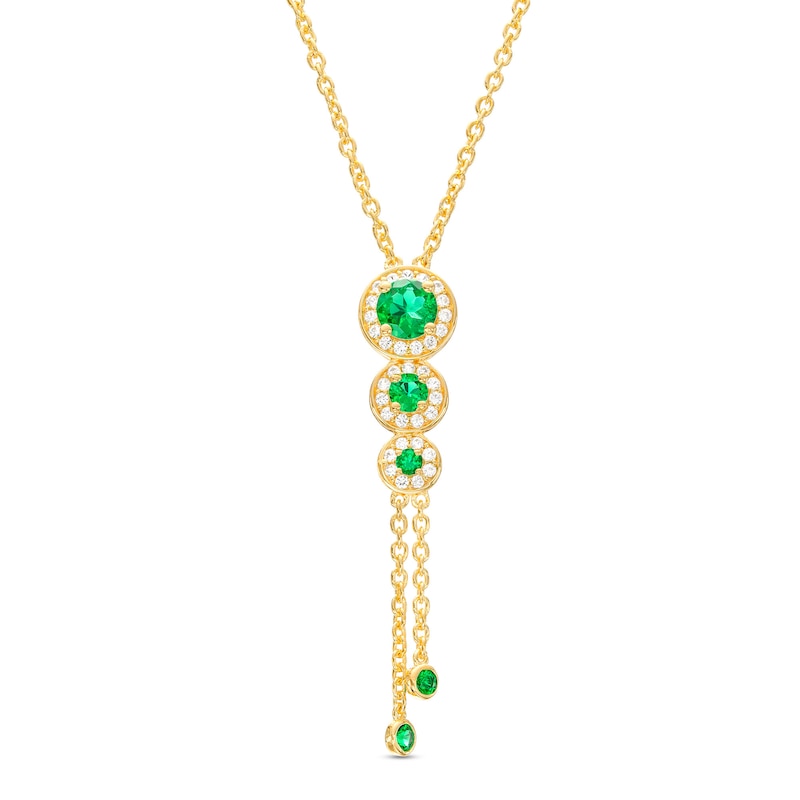 Main Image 1 of Lab-Created Emerald and White Lab-Created Sapphire Frame Graduated Trio Pendant in Sterling Silver with 14K Gold Plate