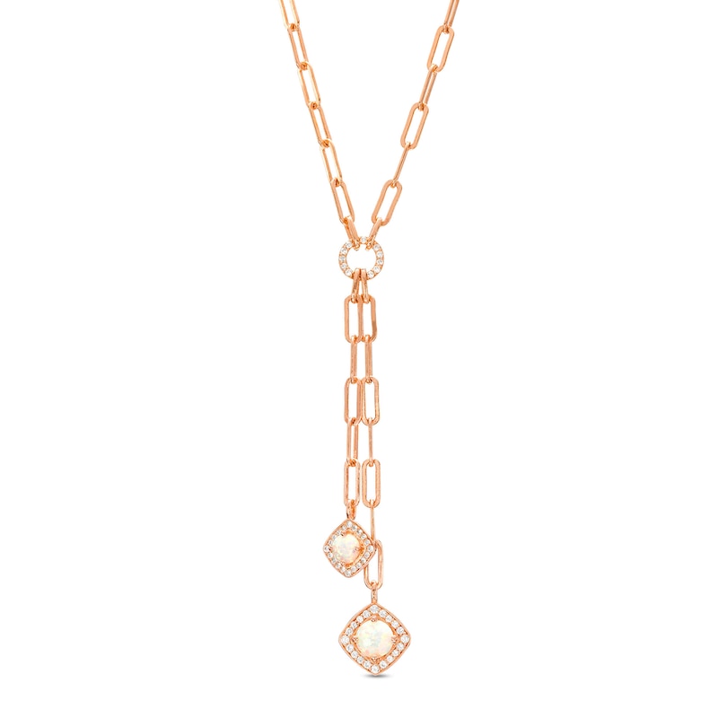 Main Image 1 of Lab-Created Opal and White Lab-Created Sapphire Double Chain Necklace in Sterling Silver with 14K Rose Gold Plate – 17"