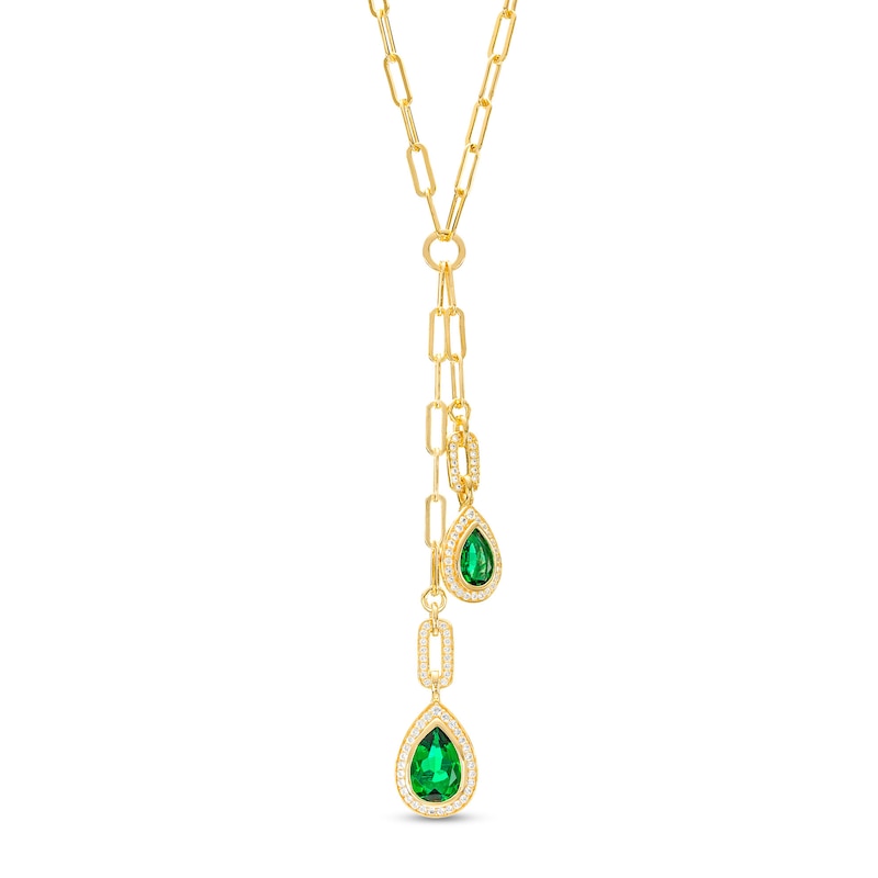 Main Image 1 of Pear-Shaped Lab-Created Emerald and White Lab-Created Sapphire Necklace in Sterling Silver with 14K Gold Plate – 17"