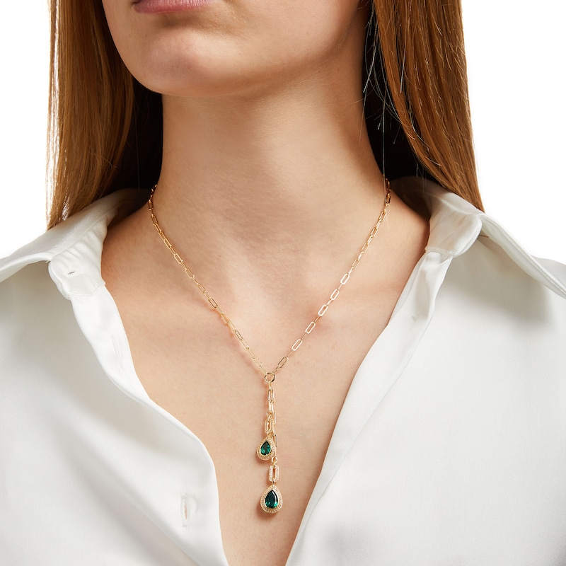 Main Image 2 of Pear-Shaped Lab-Created Emerald and White Lab-Created Sapphire Necklace in Sterling Silver with 14K Gold Plate – 17"