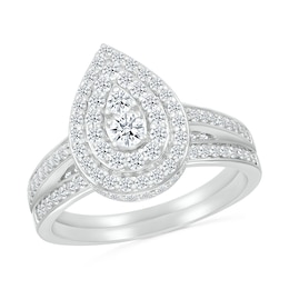 1 CT. T.W. Pear-Shaped Multi-Diamond Double Frame Bridal Set in 10K White Gold