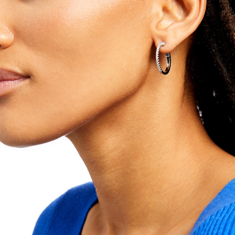 Main Image 2 of 1/2 CT. T.W. Diamond Thin Hoop Earrings in 14K White Gold