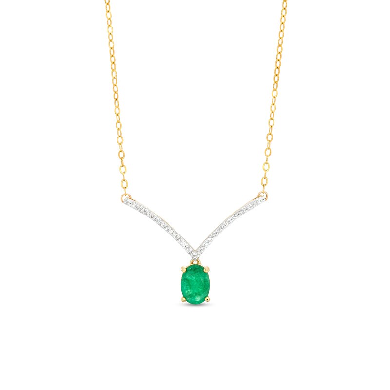 Main Image 1 of Oval Emerald and 1/15 CT. T.W. Diamond Chevron Necklace in 10K Gold – 17"