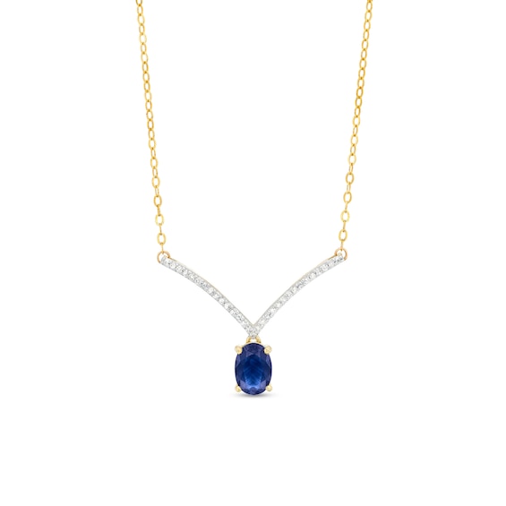 Oval Blue Sapphire and 1/15 CT. T.w. Diamond Chevron Necklace in 10K Gold – 17"