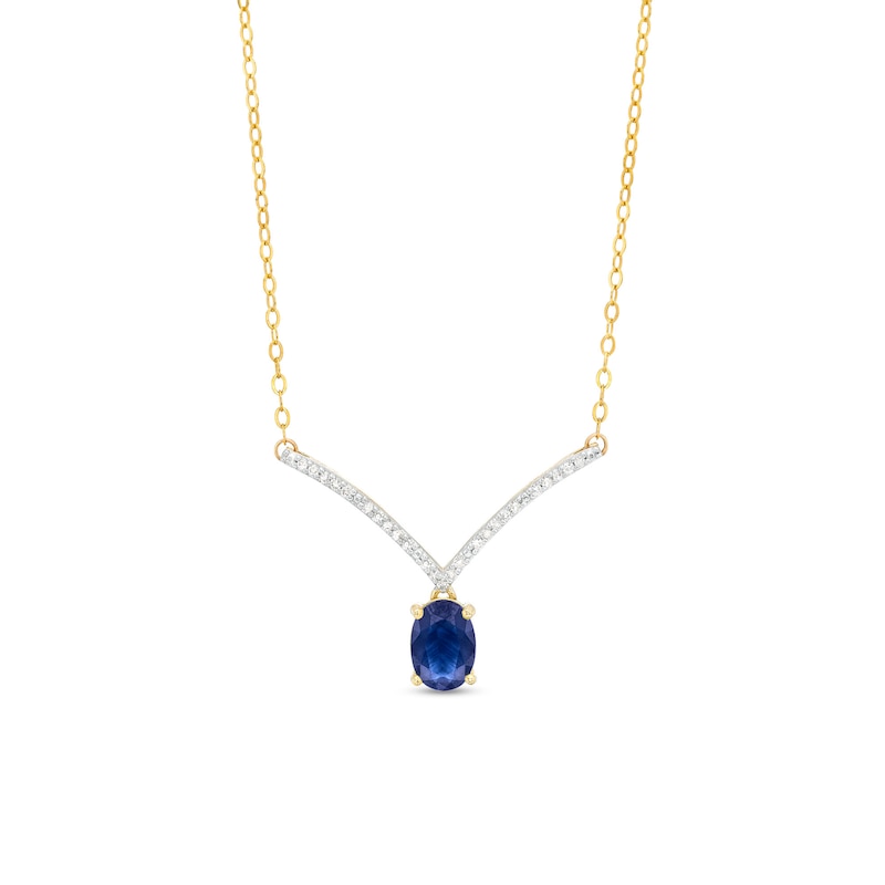 Main Image 1 of Oval Blue Sapphire and 1/15 CT. T.W. Diamond Chevron Necklace in 10K Gold – 17"