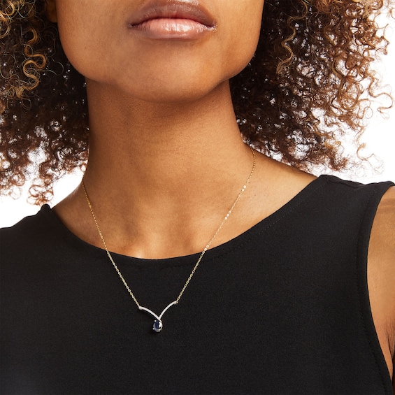 Oval Blue Sapphire and 1/15 CT. T.w. Diamond Chevron Necklace in 10K Gold – 17"