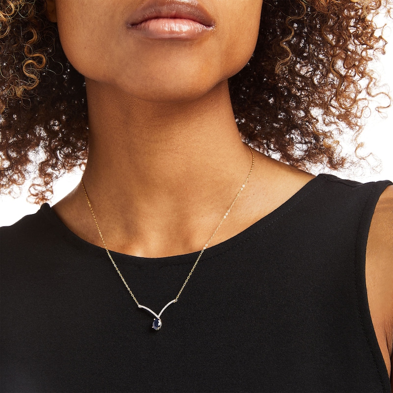 Main Image 2 of Oval Blue Sapphire and 1/15 CT. T.W. Diamond Chevron Necklace in 10K Gold – 17"