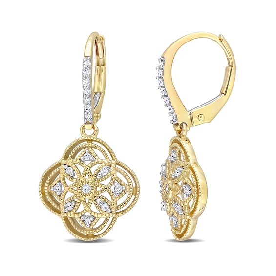 1/6 CT. T.w. Diamond Milgrain Flower Vintage-Style Drop Earrings in 10K Gold