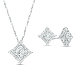 1 CT. T.W. Princess-Shaped Multi-Diamond Frame Concave Pendant and Stud Earrings Set in 10K White Gold