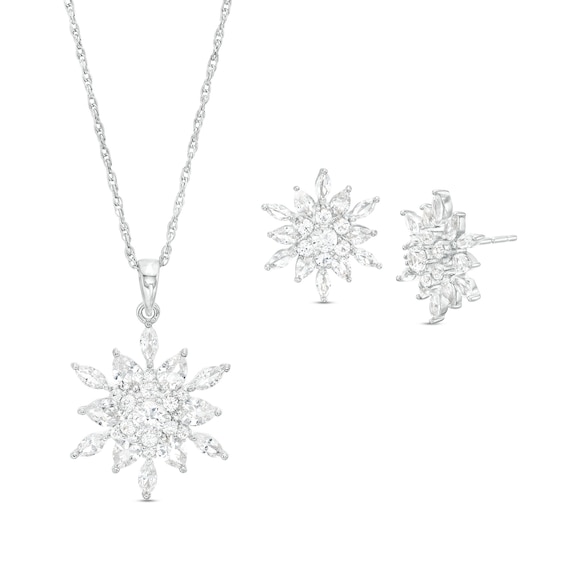 Multi-Shape White Lab-Created Sapphire Cluster Snowflake Pendant and Stud Earrings Set in Sterling Silver