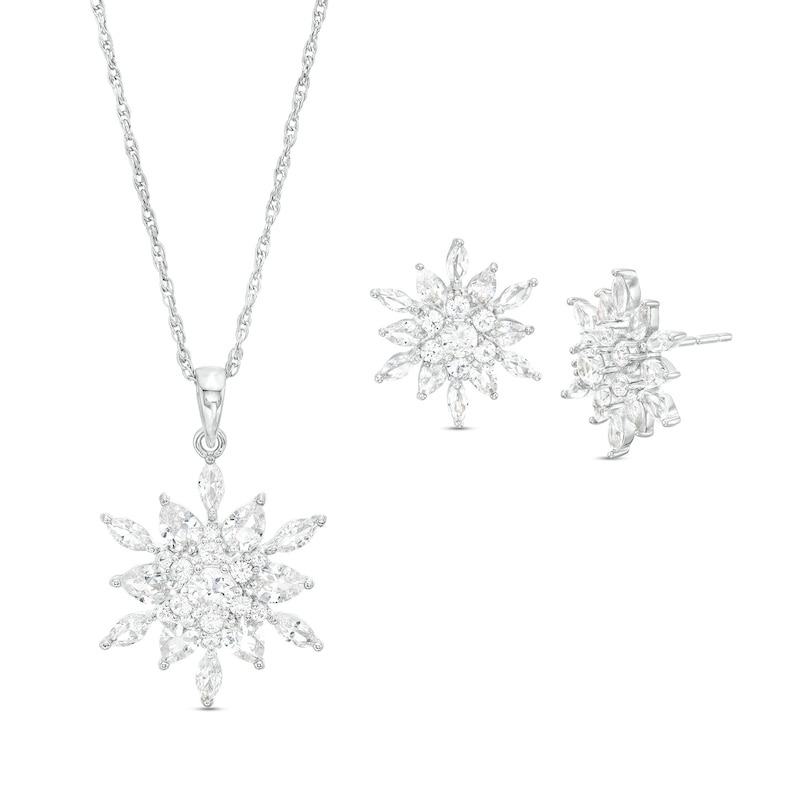 Main Image 1 of Multi-Shape White Lab-Created Sapphire Cluster Snowflake Pendant and Stud Earrings Set in Sterling Silver