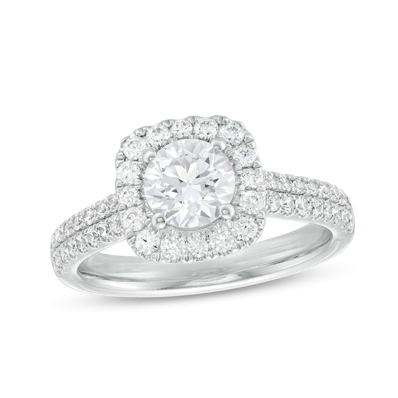 Main Image 1 of Celebration Ideal 1-5/8 CT. T.W. Certified Diamond Cushion-Shaped Frame Engagement Ring in 14K White Gold (I/I1)