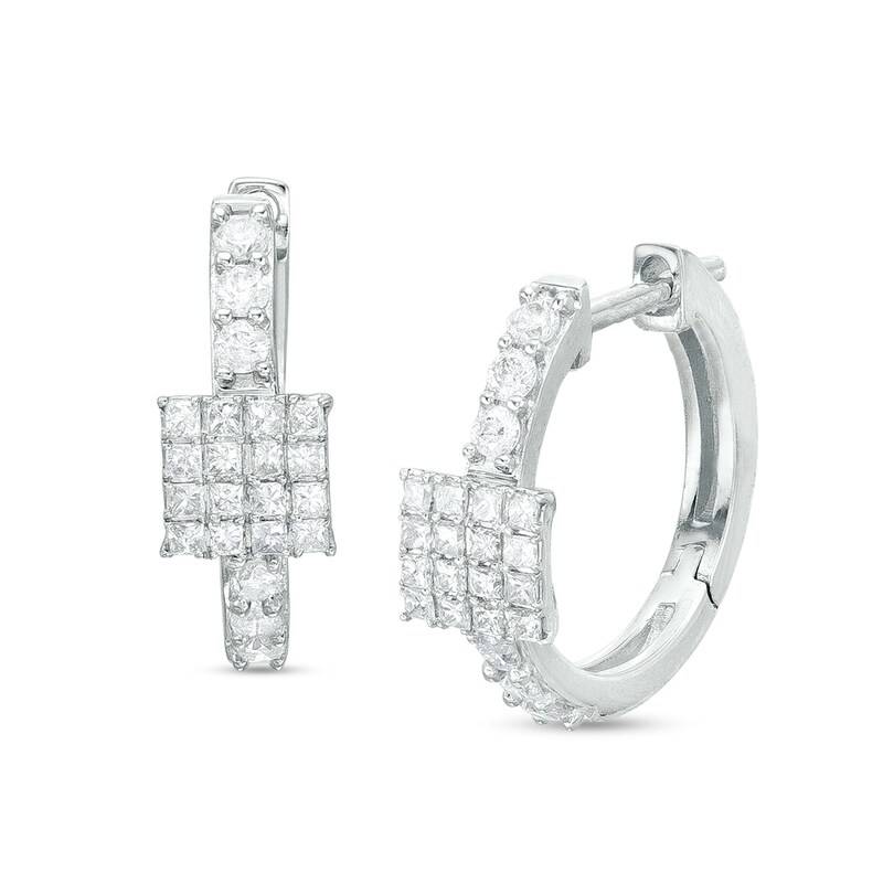 Main Image 1 of 1/2 CT. T.W. Princess-Shaped Multi-Diamond Hoop Earrings in 10K White Gold