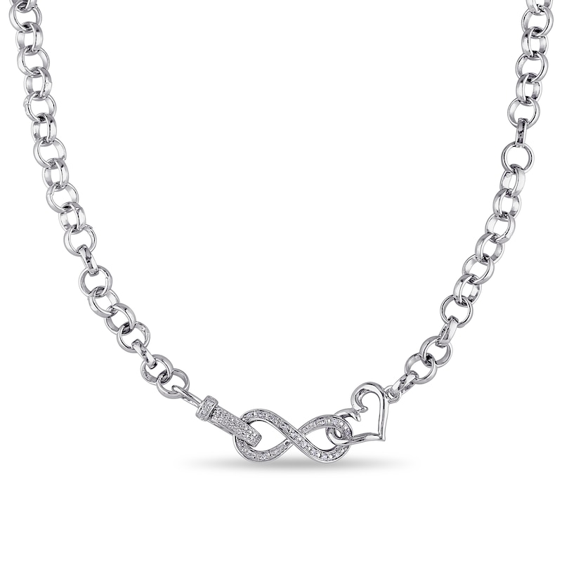 Main Image 1 of 1/10 CT. T.W. Diamond Interlocking Heart and Infinity Necklace in Sterling Silver - 17"