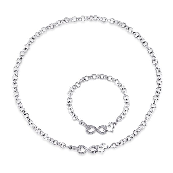 1/5 CT. T.w. Diamond Interlocking Heart and Infinity Necklace and Bracelet Set in Sterling Silver