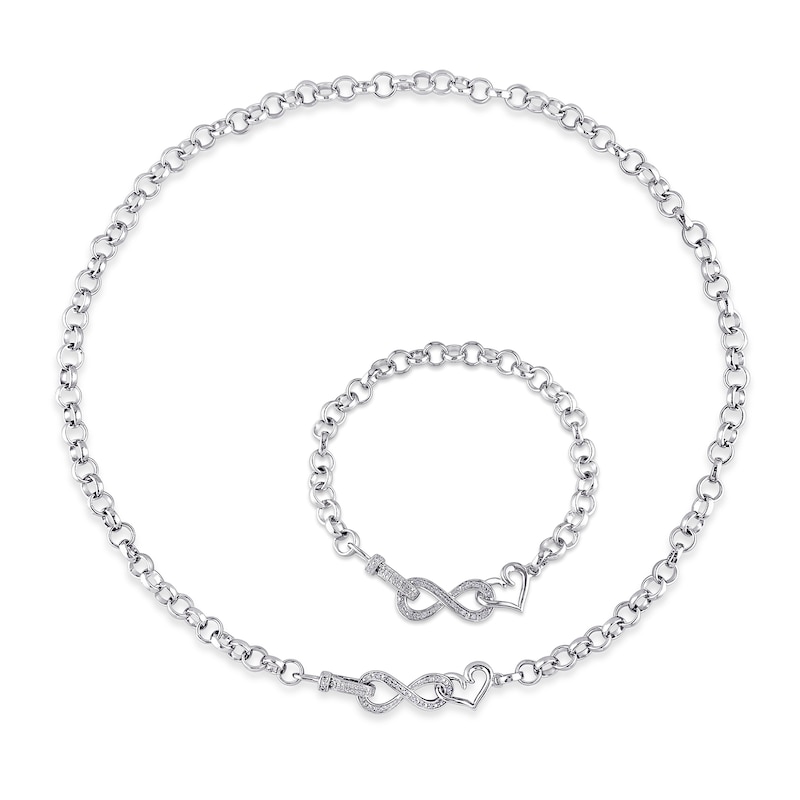Main Image 1 of 1/5 CT. T.W. Diamond Interlocking Heart and Infinity Necklace and Bracelet Set in Sterling Silver
