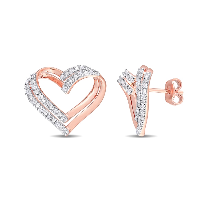 Main Image 1 of 1/5 CT. T.W. Diamond Double Open Heart Stud Earrings in Sterling Silver with Rose Rhodium