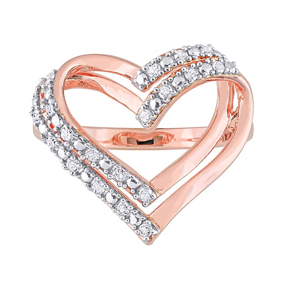1/5 CT. T.w. Diamond Double Row Heart Ring in Sterling Silver with Rose Rhodium