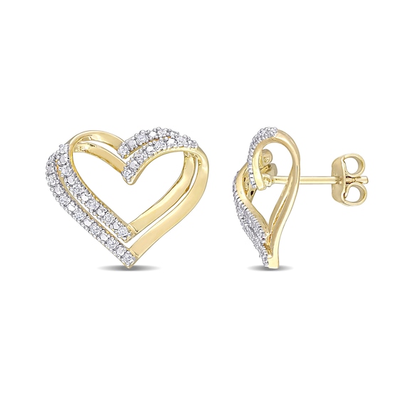 1/5 CT. T.w. Diamond Layered Double Heart Stud Earrings in Sterling Silver with Yellow Rhodium
