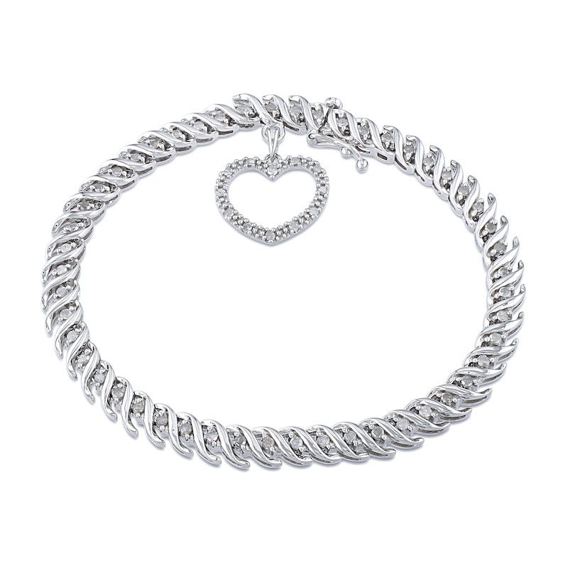 1 CT. T.W. Diamond "S" Link with Open Heart Charm Bracelet in Sterling Silver