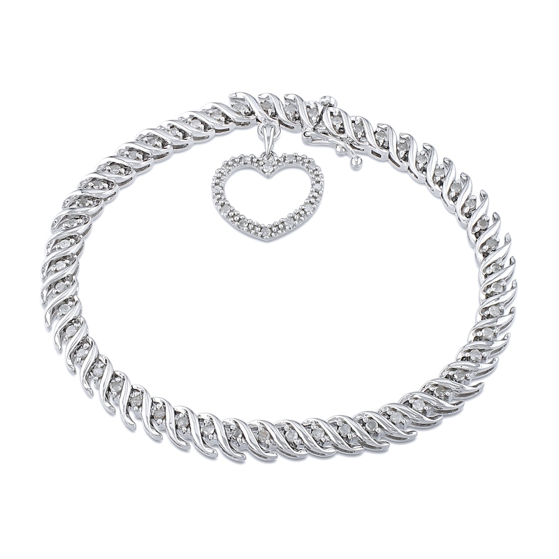Main Image 1 of 1 CT. T.W. Diamond "S" Link with Open Heart Charm Bracelet in Sterling Silver