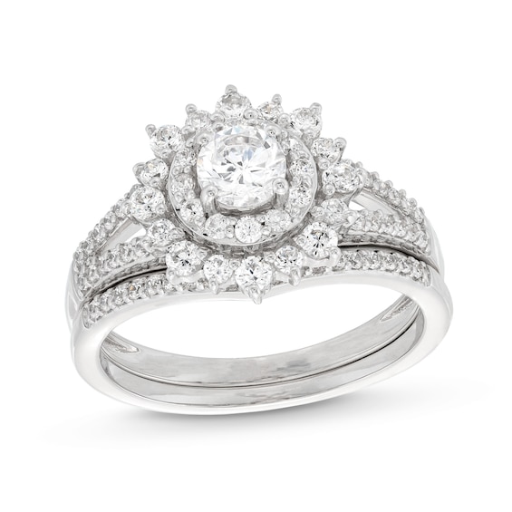 1 CT. T.w. Diamond Double Flower Frame Split Shank Bridal Set in 10K White Gold (J/I3)
