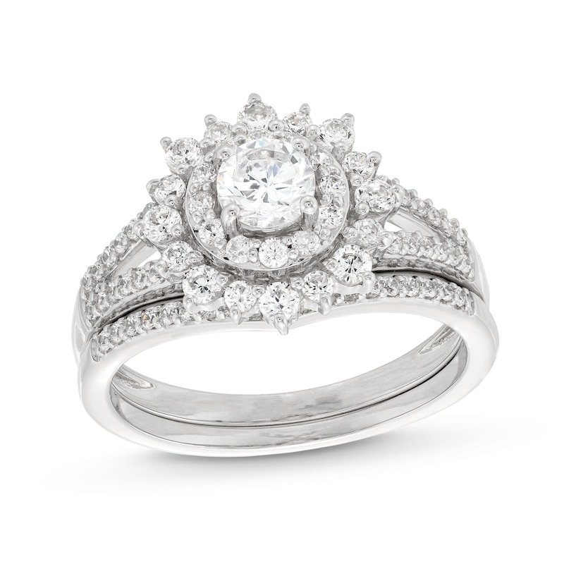 Main Image 1 of 1 CT. T.W. Diamond Double Flower Frame Split Shank Bridal Set in 10K White Gold (J/I3)