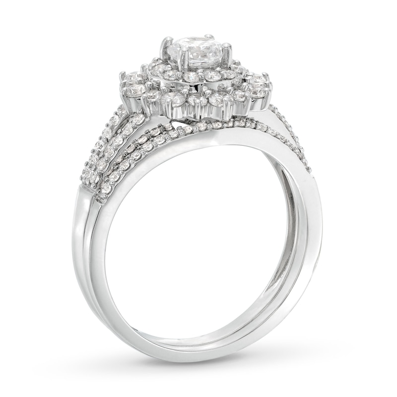 Main Image 3 of 1 CT. T.W. Diamond Double Flower Frame Split Shank Bridal Set in 10K White Gold (J/I3)
