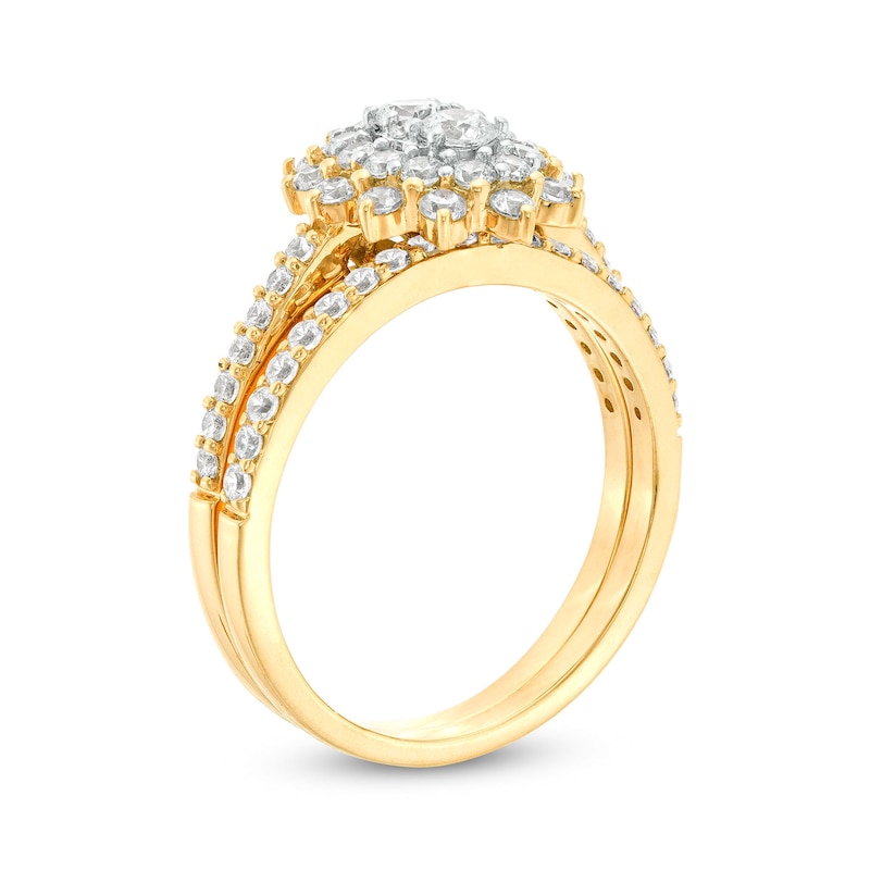 Main Image 3 of 1 CT. T.W. Oval-Shaped Multi-Diamond Double Flower Frame Bridal Set in 10K Gold (J/I3)