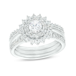 1-1/6 CT. T.W. Diamond Double Flower Frame Three Piece Bridal Set in 10K White Gold (J/I3)