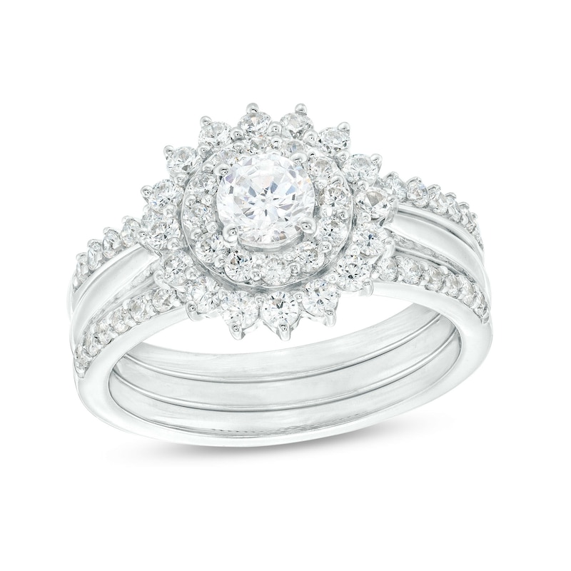 Main Image 1 of 1-1/6 CT. T.W. Diamond Double Flower Frame Three Piece Bridal Set in 10K White Gold (J/I3)