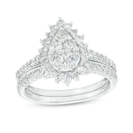 1 CT. T.W. Pear-Shaped Multi-Diamond Floral Frame Bridal Set in 10K White Gold (J/I3)