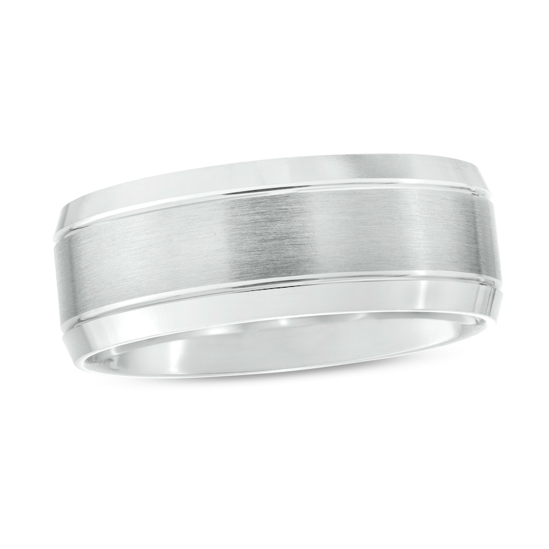 Main Image 1 of Men's 8.0mm Brushed Stepped Edge Wedding Band in 14K White Gold - Size 10