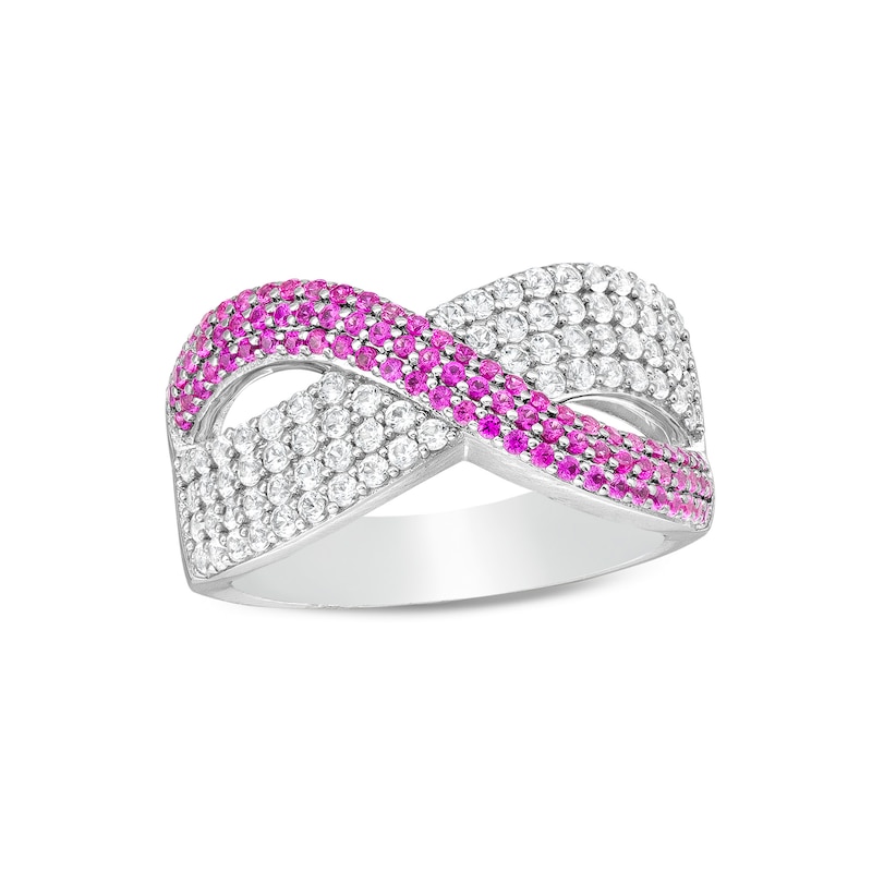 Main Image 1 of Lab-Created Pink and White Sapphire Crossover Twist Ribbon Ring in Sterling Silver