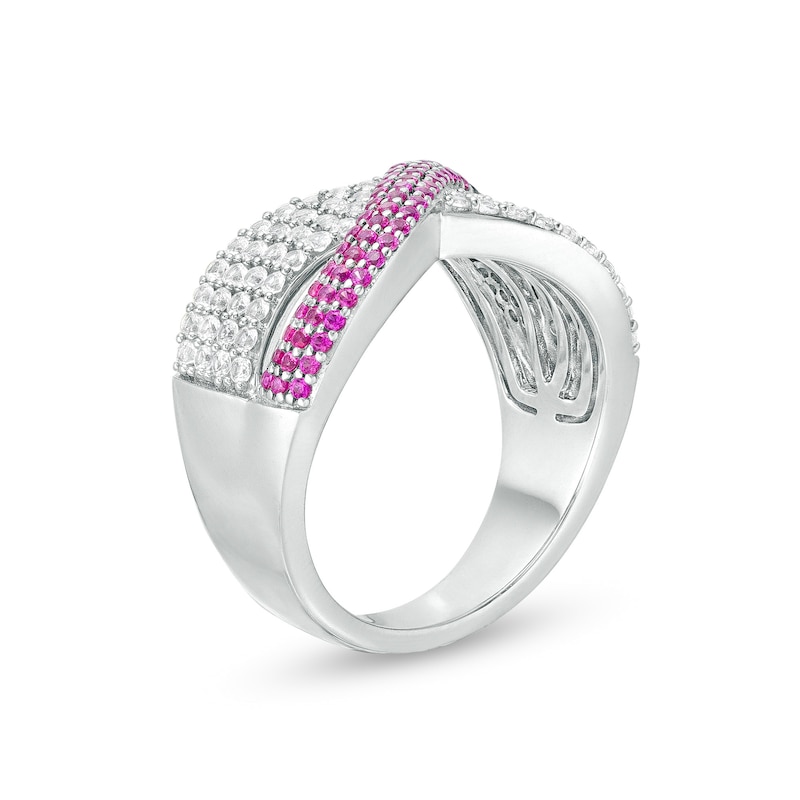 Main Image 3 of Lab-Created Pink and White Sapphire Crossover Twist Ribbon Ring in Sterling Silver
