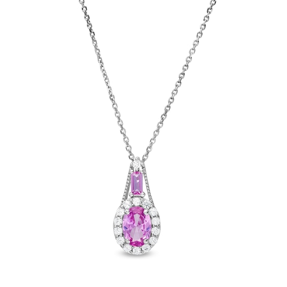 Oval and Baguette Pink and White Lab-Created Sapphire Frame Pendant in Sterling Silver