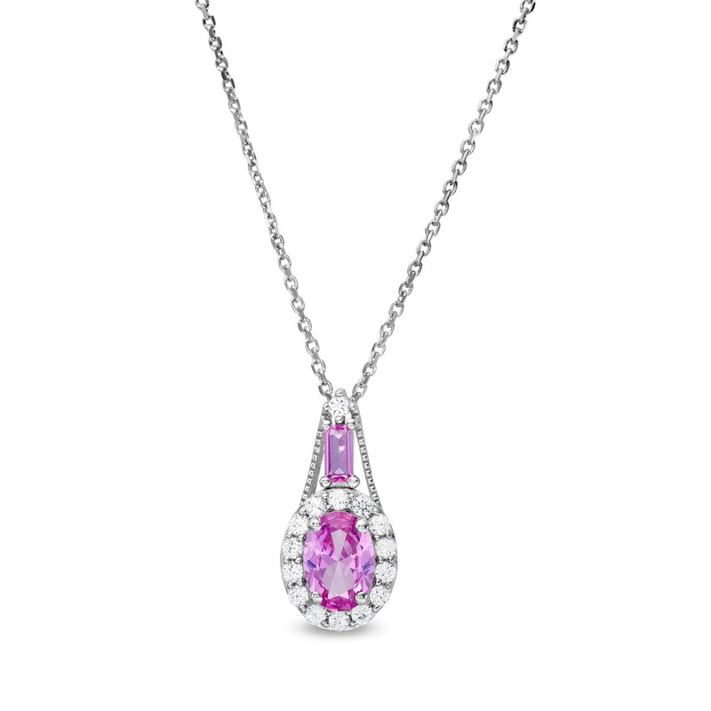 Main Image 1 of Oval and Baguette Pink and White Lab-Created Sapphire Frame Pendant in Sterling Silver