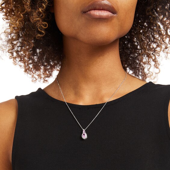 Oval and Baguette Pink and White Lab-Created Sapphire Frame Pendant in Sterling Silver