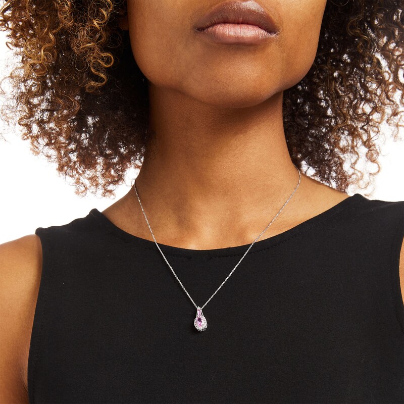 Main Image 2 of Oval and Baguette Pink and White Lab-Created Sapphire Frame Pendant in Sterling Silver