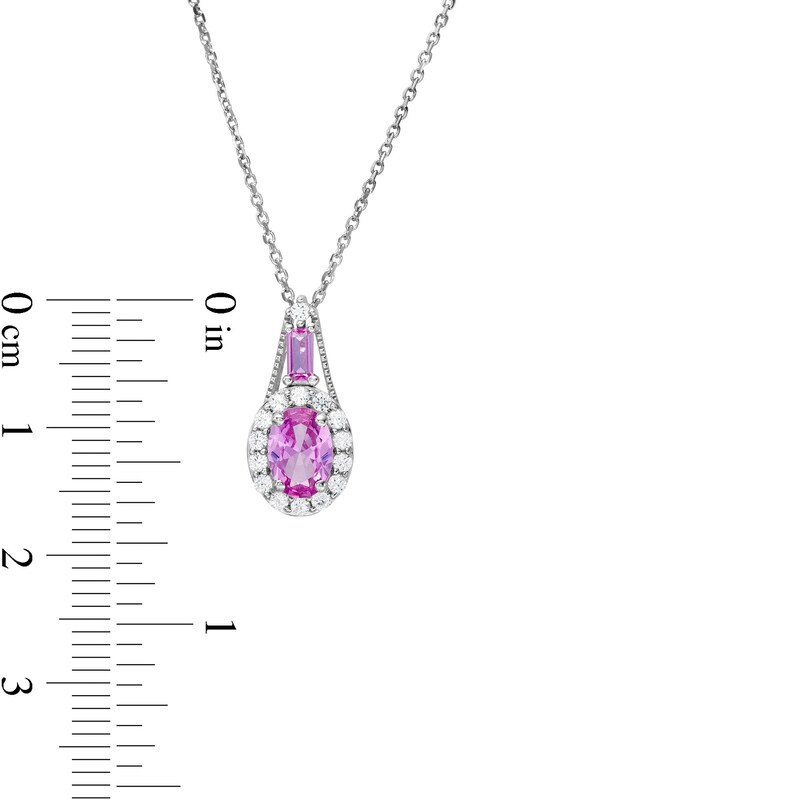 Main Image 3 of Oval and Baguette Pink and White Lab-Created Sapphire Frame Pendant in Sterling Silver