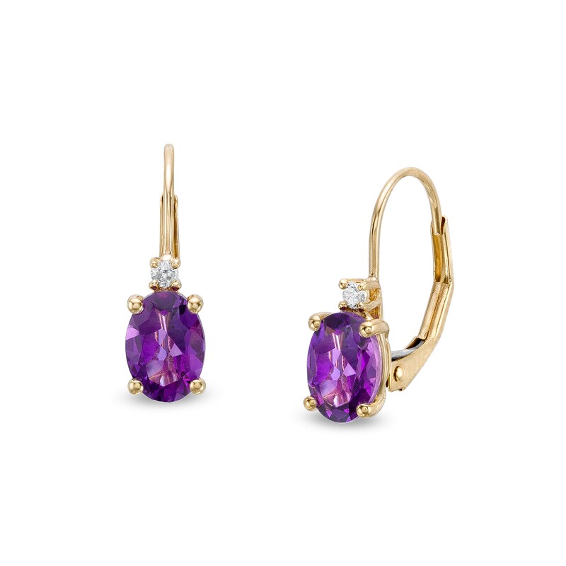 Main Image 1 of Oval Amethyst and 1/20 CT. T.W. Diamond Drop Earrings in 10K Gold