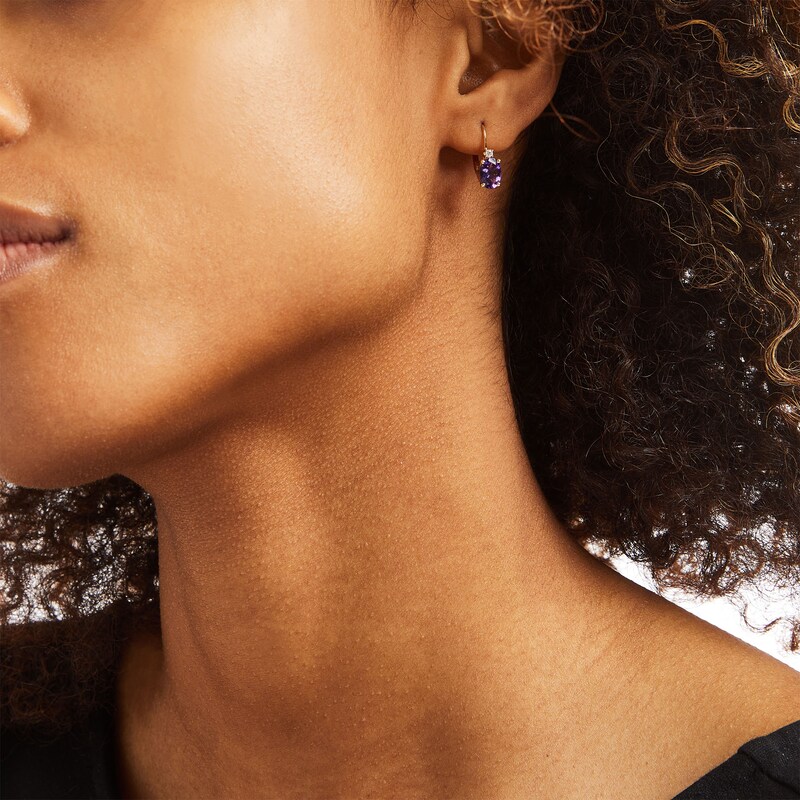 Main Image 2 of Oval Amethyst and 1/20 CT. T.W. Diamond Drop Earrings in 10K Gold