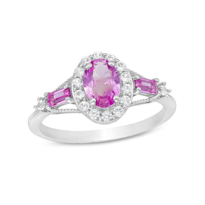 Main Image 1 of Oval and Baguette Pink and White Lab-Created Sapphire Frame Ring in Sterling Silver