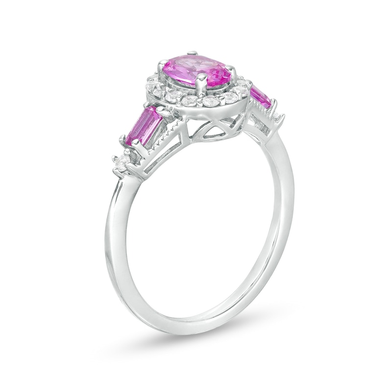 Main Image 3 of Oval and Baguette Pink and White Lab-Created Sapphire Frame Ring in Sterling Silver
