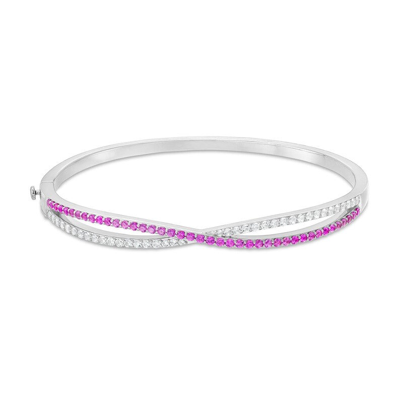 Main Image 1 of Pink and White Lab-Created Sapphire Twist Bangle in Sterling Silver - 7.25"