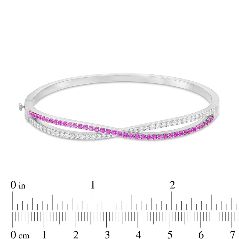 Main Image 3 of Pink and White Lab-Created Sapphire Twist Bangle in Sterling Silver - 7.25"
